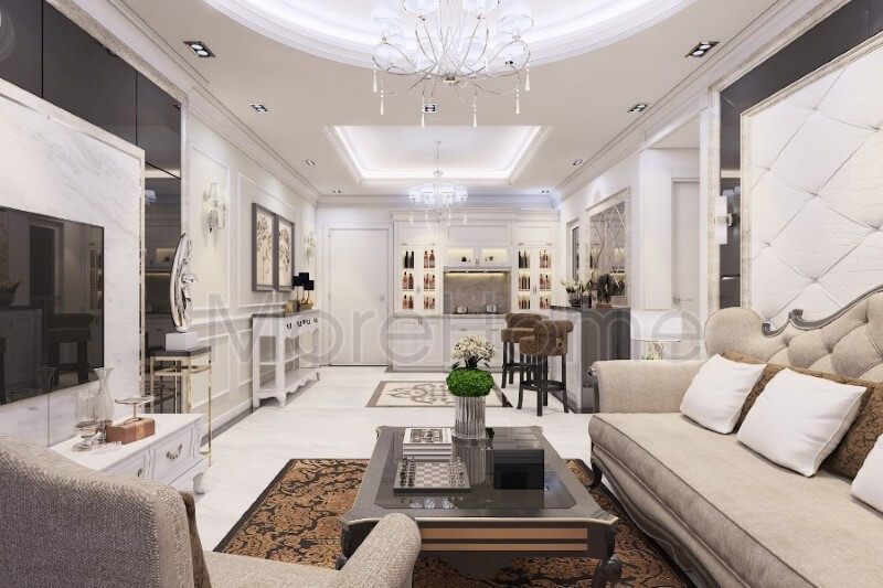 Gia chủ đã chọn đá ốp tường cao cấp nhân tạo để làm cho không gian tiếp khách trở nên sang trọng và ấn tượng hơn.