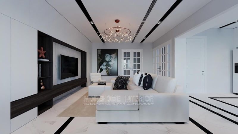 Việc thiết kế nội thất cho phòng khách của một nhà phố hiện đại.