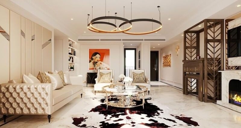 Thiết kế nội thất phòng khách chung cư cao cấp với các tiện ích đầy đủ.